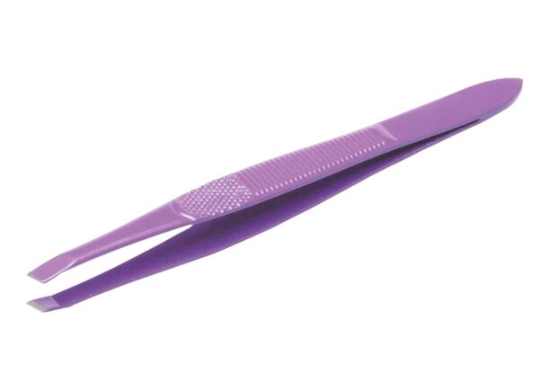 PĘSETA KOSMETYCZNA SKOŚNA WĄSKA LILAS DŁ.9CM TEFLON